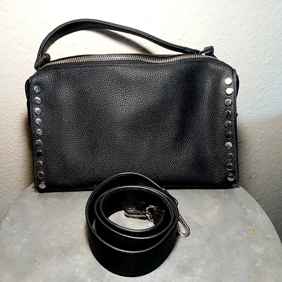 Pebbled Black Vegan Leather Studded Billet Biker Rocker Handbag Crossbody Bag - Picture 8 of 12